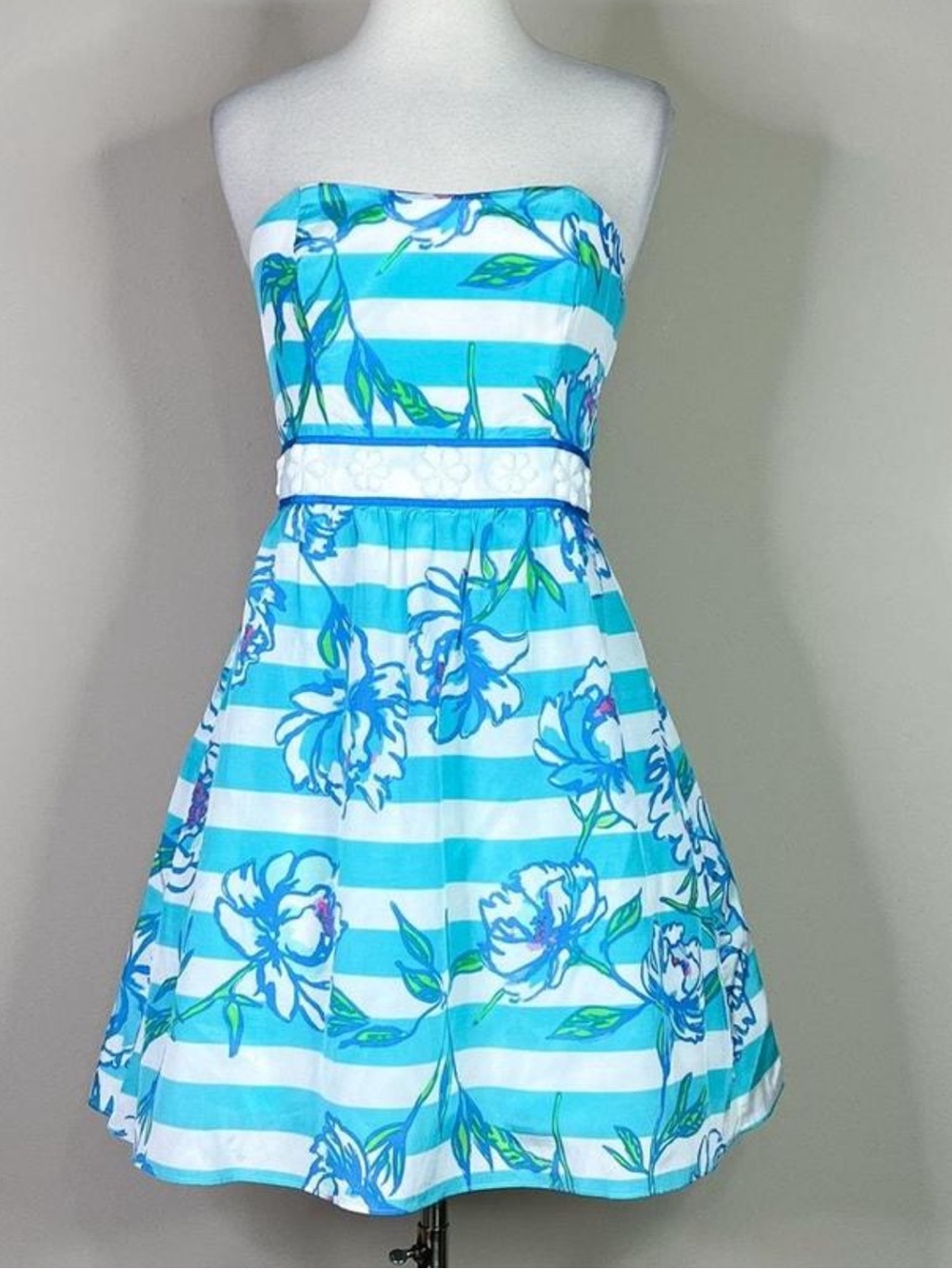 Lilly Pulitzer Langley Strapless Mini Dress Blue Floral Stripe Fit & Flare Size